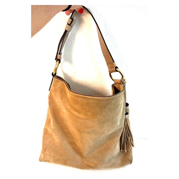 Michael Kors "Elyse" Soft Suede Large Shoulder Bag in Color Dune with Tassels - Picture 5 of 15